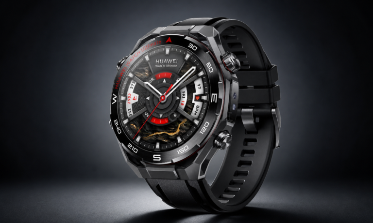 **Alt Text:** Premium rugged design of Huawei Watch Ultimate 2 featuring a zirconium liquid metal case, sapphire glass display, and octagonal ceramic bezel with a large AMOLED screen.