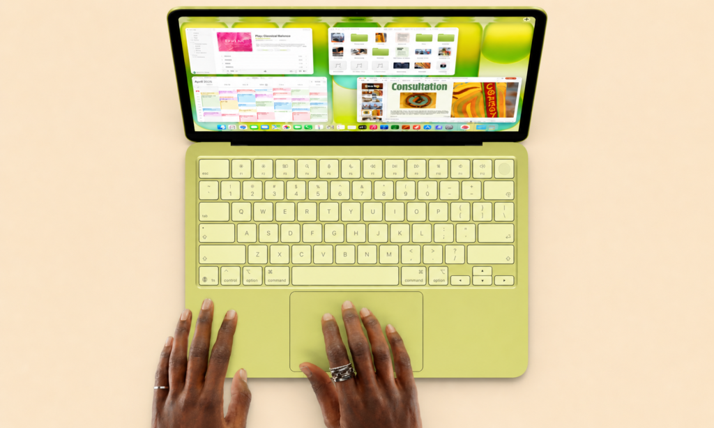 Top view of MacBook Neo with vibrant display and sleek lime design, showcasing modern portable computing innovation