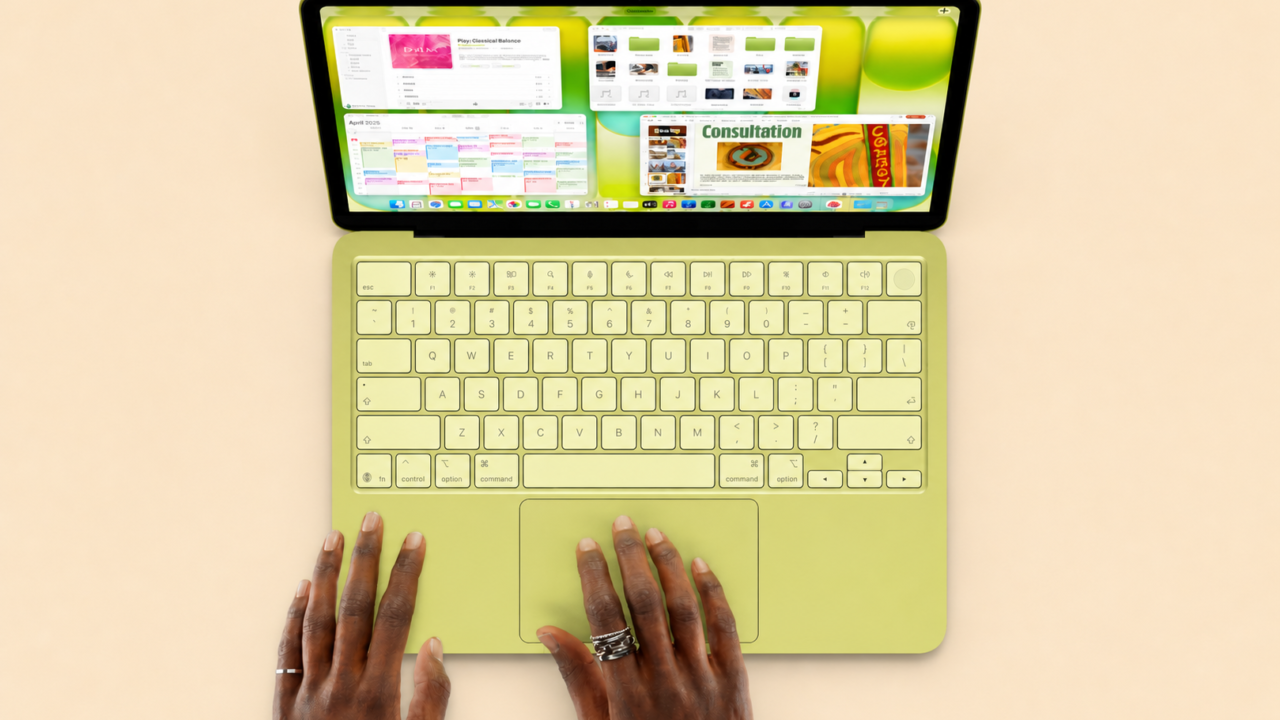 Top view of MacBook Neo with vibrant display and sleek lime design, showcasing modern portable computing innovation